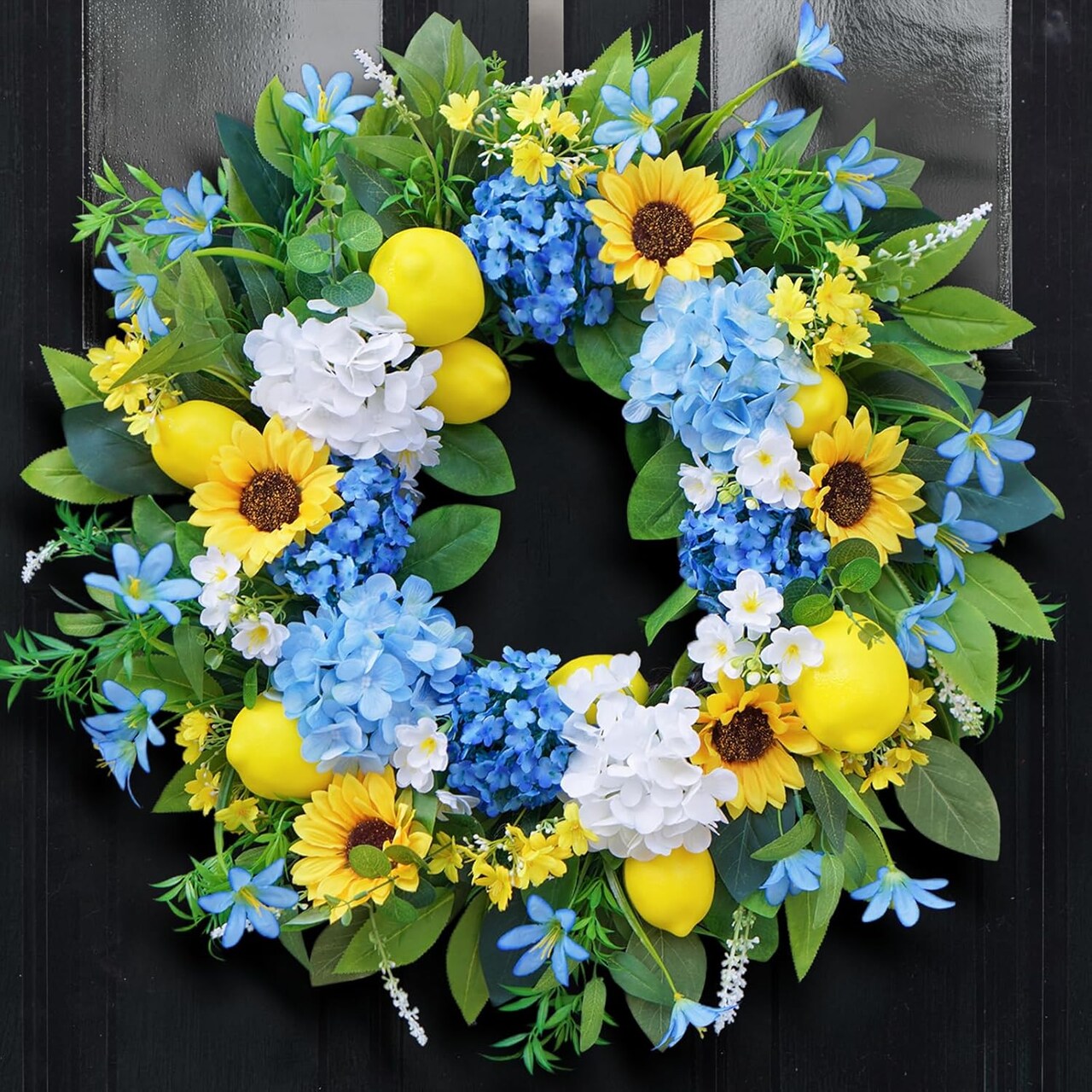 24-Inch Spring Wreath for Front Door – Artificial Sunflowers, Lemons & Blue Hydrangeas, Luxury Colorful Floral Wreath for Indoor & Outdoor Farmhouse Home Decor